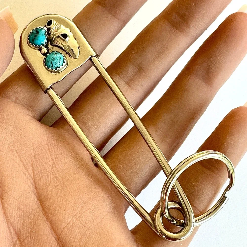 Navajo Safety Pin Keyring Turquoise Leaf Key Chain Tag 4in Mens Gift Big Native